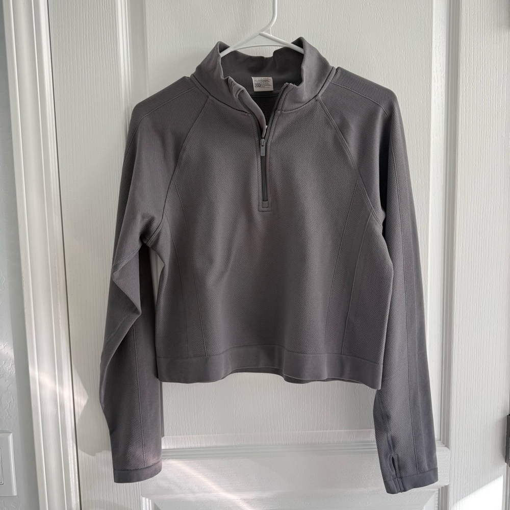 All In Motion Cropped Fitted Athletic Exercise Half Zip Top Thumb Holes Gray XXL